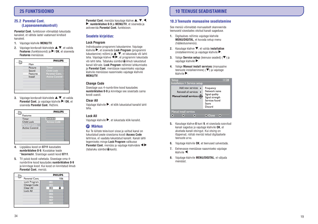 Philips PFL3512 manual Seadete kirjeldus, Teenuste manuaalne seadistamine, Parental Cont. Lapsevanemakontroll 