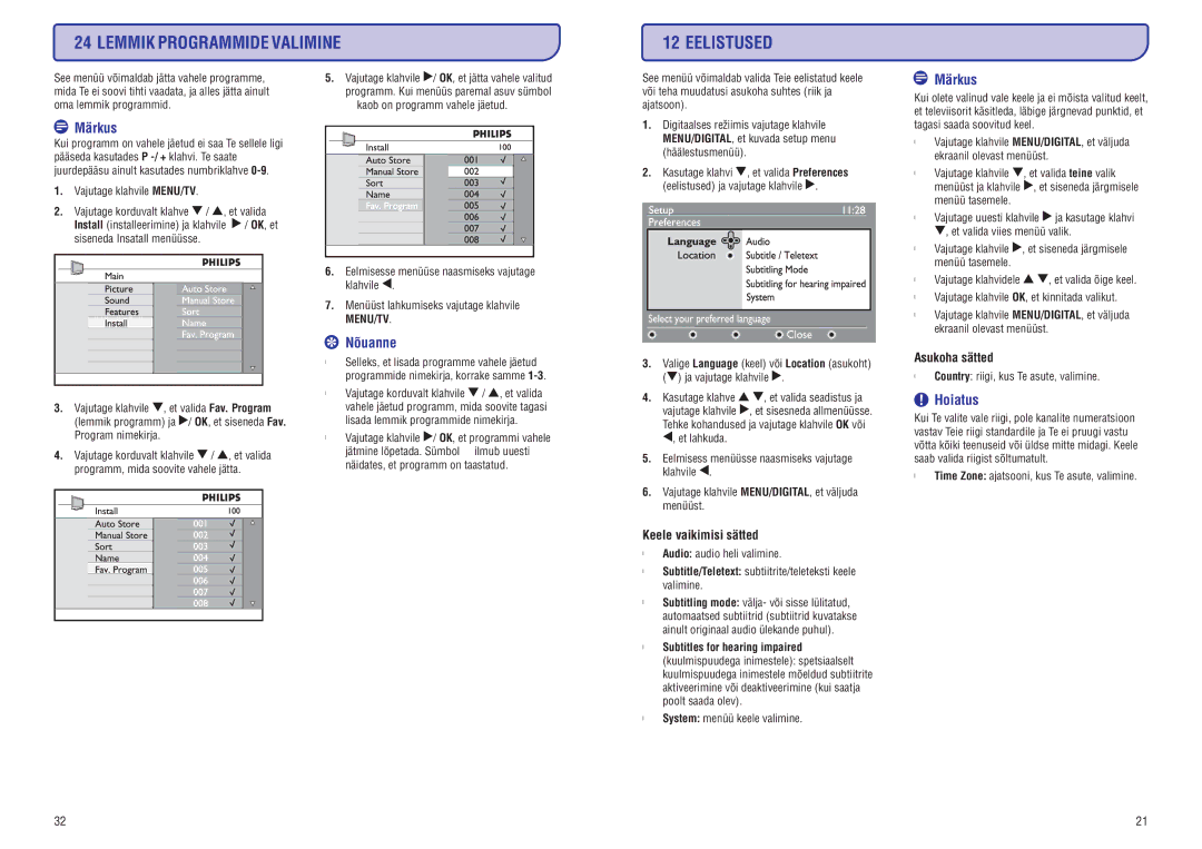 Philips PFL3512 manual Lemmik Programmide Valimine Eelistused, Keele vaikimisi sätted, Asukoha sätted 