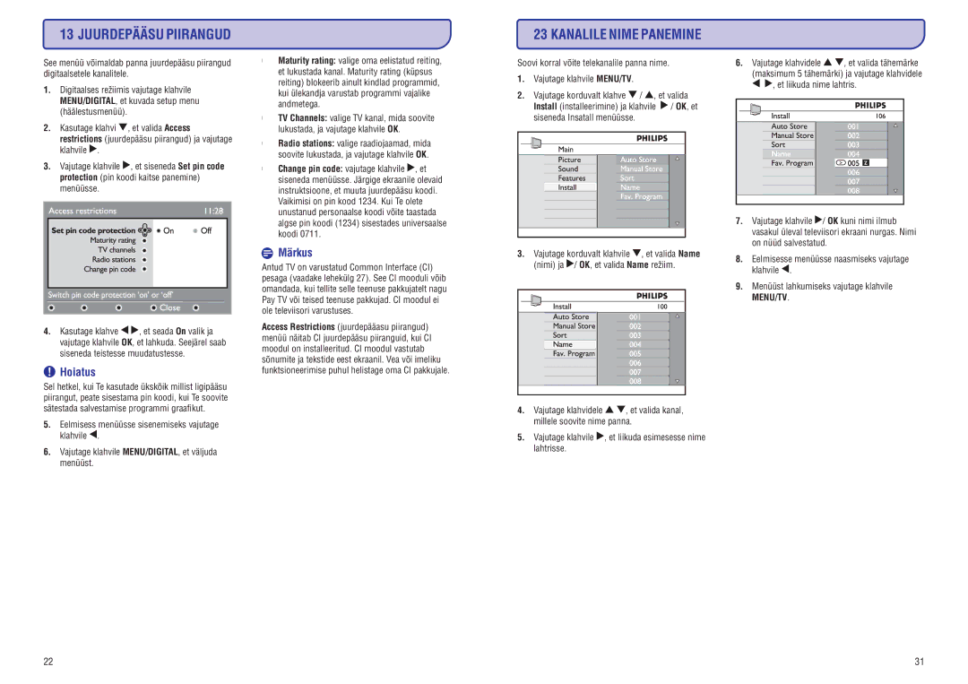 Philips PFL3512 manual Juurdepääsu Piirangud 