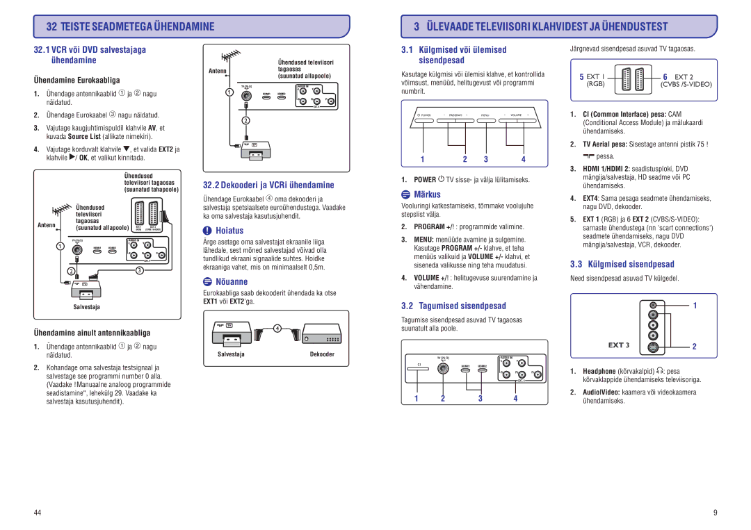 Philips PFL3512 manual Külgmised või ülemised, Sisendpesad, Dekooderi ja VCRi ühendamine, Külgmised sisendpesad 