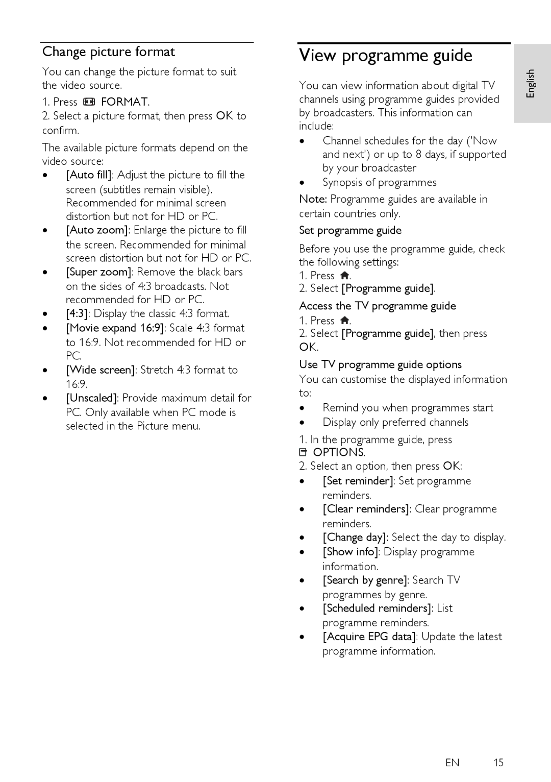 Philips PFL38X7K, PFL38X7H, PFL35X7H, PFL32X7H, PFL38X7T, PFL35X7T, PFL35X7K View programme guide, Change picture format 