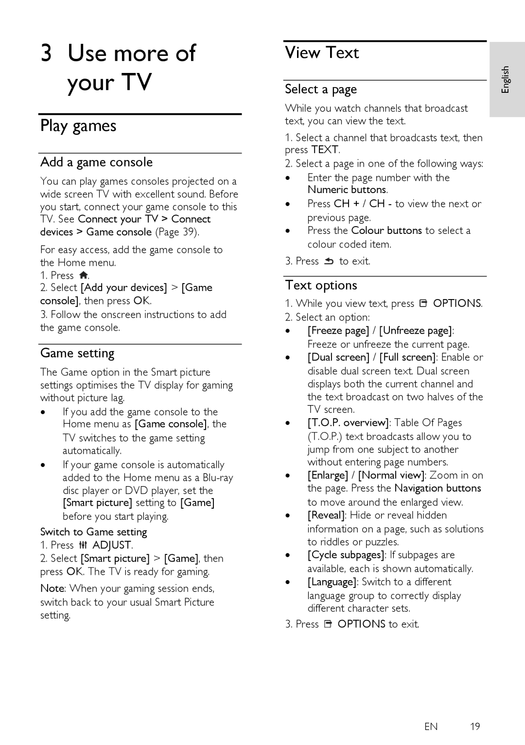 Philips PFL35X7K View Text, Text options, While you view text, press Options Select an option, Press Options to exit 