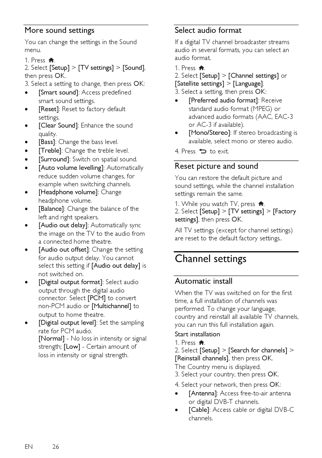 Philips PFL38X7H Channel settings, More sound settings, Select audio format, Reset picture and sound, Automatic install 