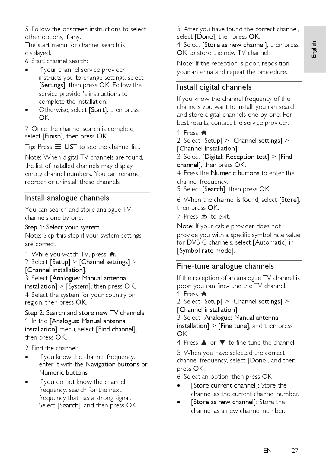 Philips PFL35X7H, PFL38X7H, PFL38X7K Install analogue channels, Install digital channels, Fine-tune analogue channels 