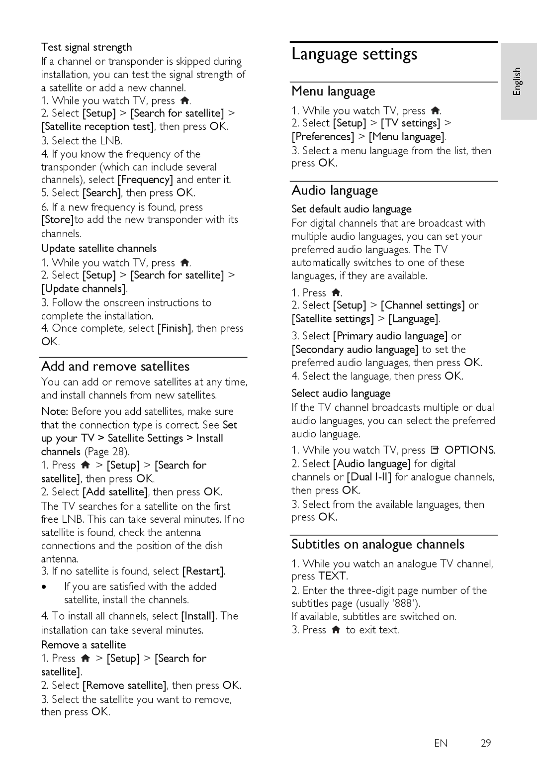 Philips PFL32X7H, PFL38X7H, PFL35X7H, PFL38X7K Language settings, Add and remove satellites, Menu language, Audio language 