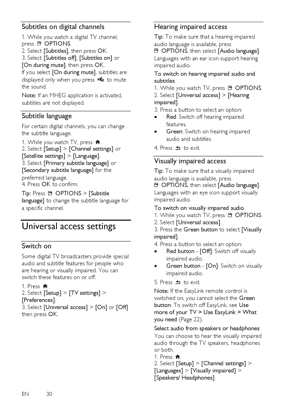 Philips PFL38X7T Universal access settings, Subtitles on digital channels, Subtitle language, Hearing impaired access 