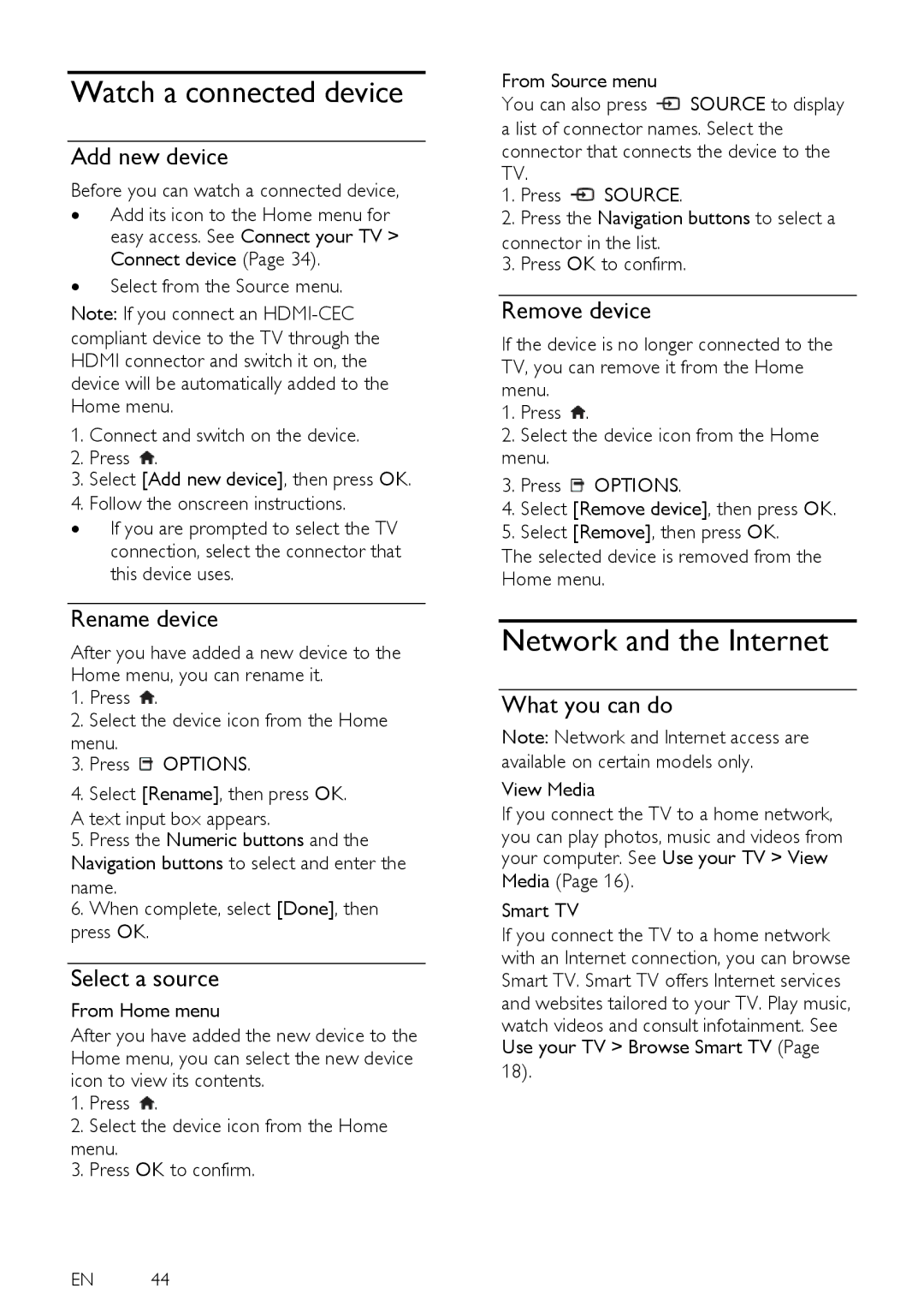 Philips PFL35X7T Watch a connected device, Network and the Internet, Add new device, Rename device, Remove device 