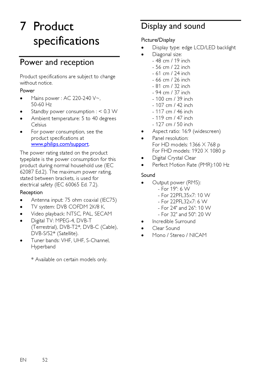 Philips PFL38X7H, PFL35X7H, PFL38X7K, PFL32X7H, PFL38X7T, PFL35X7T, PFL35X7K, PFL30X7H Power and reception, Display and sound 