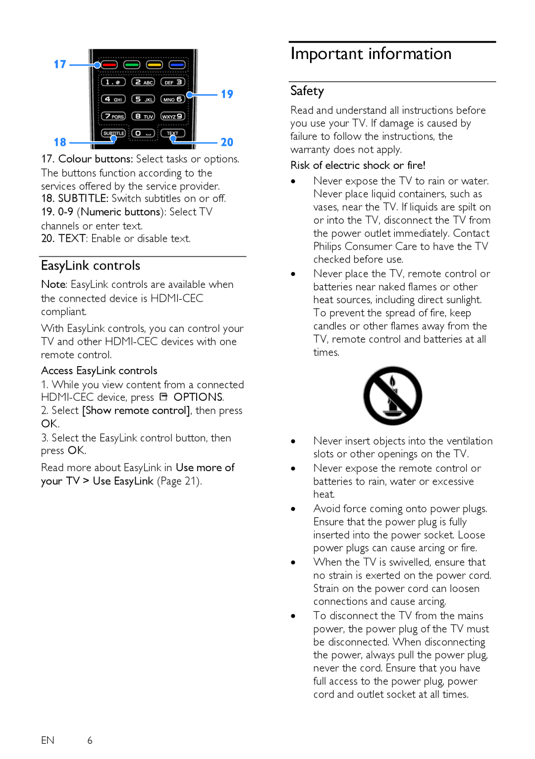 Philips PFL35X7K, PFL38X7H, PFL35X7H Important information, EasyLink controls, Safety, Risk of electric shock or fire 