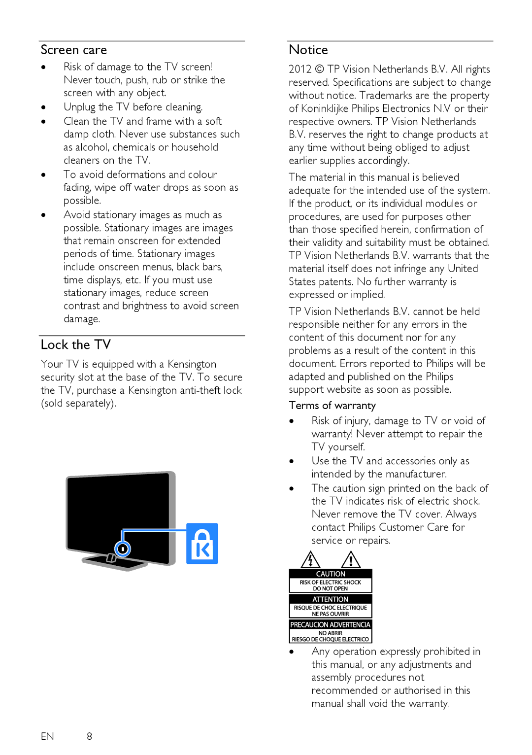 Philips PFL31X7H, PFL38X7H, PFL35X7H, PFL38X7K, PFL32X7H, PFL38X7T Screen care, Lock the TV, ∙ Unplug the TV before cleaning 