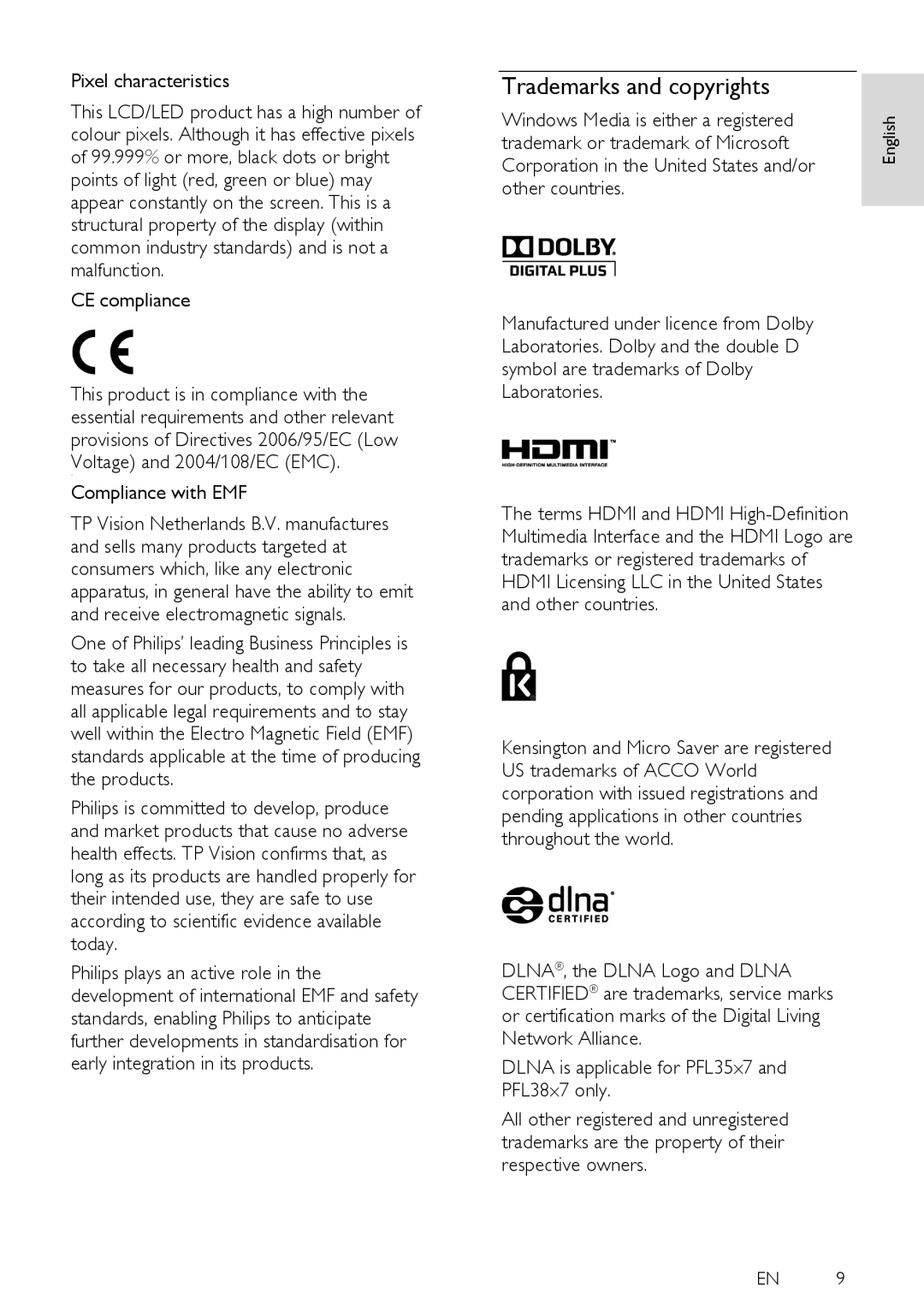 Philips PFL33X7H, PFL38X7H, PFL35X7H, PFL38X7K, PFL32X7H, PFL38X7T, PFL35X7T, PFL35X7K, PFL30X7H Trademarks and copyrights 