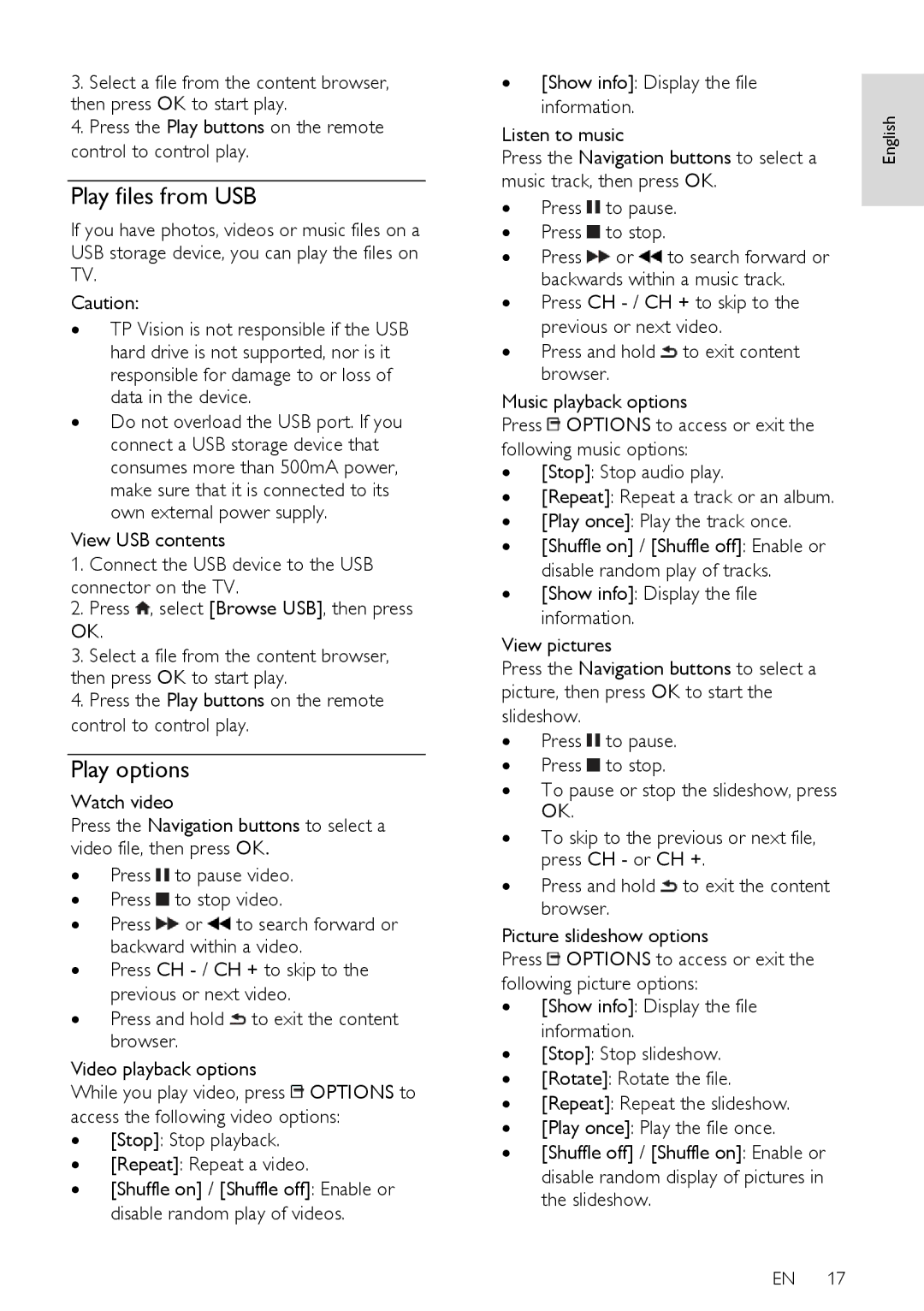 Philips PFL40X7T/12, PFL40X7T/60 user manual Play files from USB, Play options, ∙ Stop Stop playback ∙ Repeat Repeat a video 