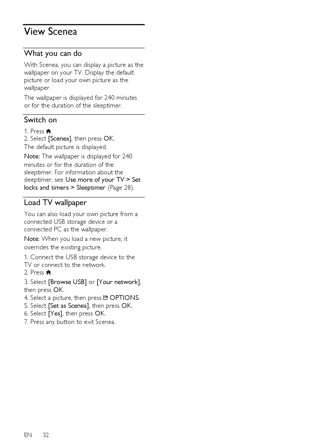 Philips PFL40X7T/12, PFL40X7T/60, PFL40X7H/12 View Scenea, Switch on, Load TV wallpaper, Locks and timers Sleeptimer 