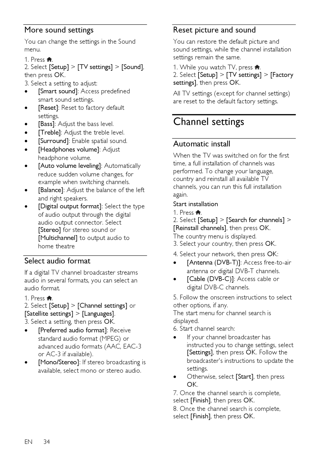 Philips PFL40X7H/12 Channel settings, More sound settings, Select audio format, Reset picture and sound, Automatic install 