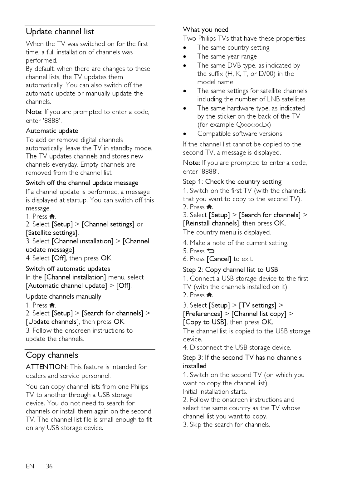 Philips PFL40X7H/60 Update channel list, Copy channels, ∙ Compatible software versions, Check the country setting 