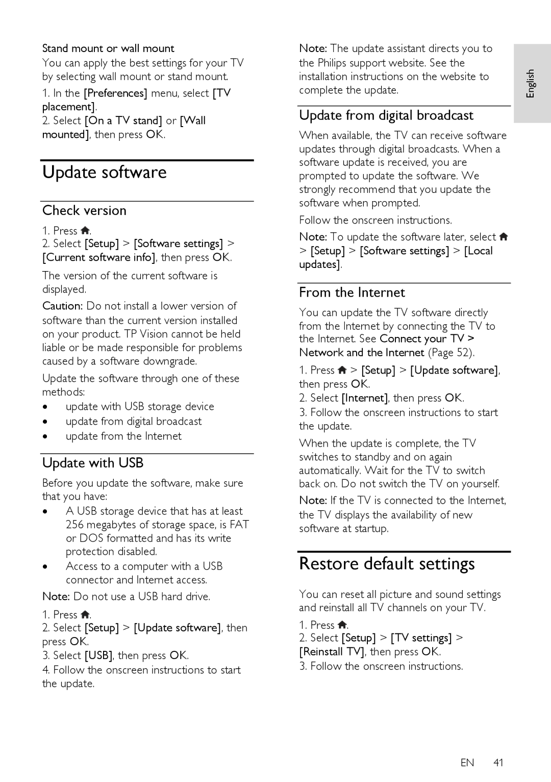 Philips PFL40X7H/60, PFL40X7T/12, PFL40X7T/60 Update software, Restore default settings, Check version, Update with USB 