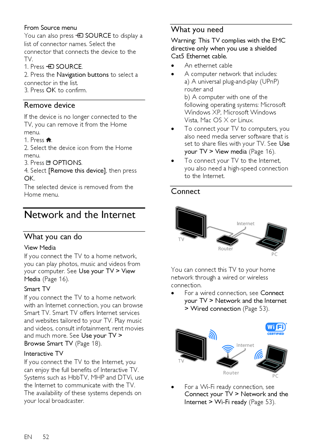 Philips PFL40X7T/12, PFL40X7T/60, PFL40X7H/12, PFL40X7K/12, PFL40X7H/60 Network and the Internet, Remove device, Connect 