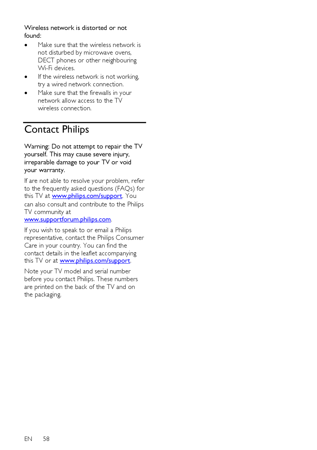 Philips PFL40X7T/60, PFL40X7T/12, PFL40X7H/12, PFL40X7K/12 Contact Philips, Wireless network is distorted or not found 