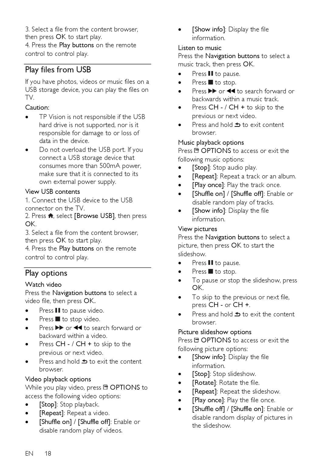 Philips PFL43X7K/12, PFL43X7T/12 user manual Play files from USB, Play options, ∙ Stop Stop playback ∙ Repeat Repeat a video 