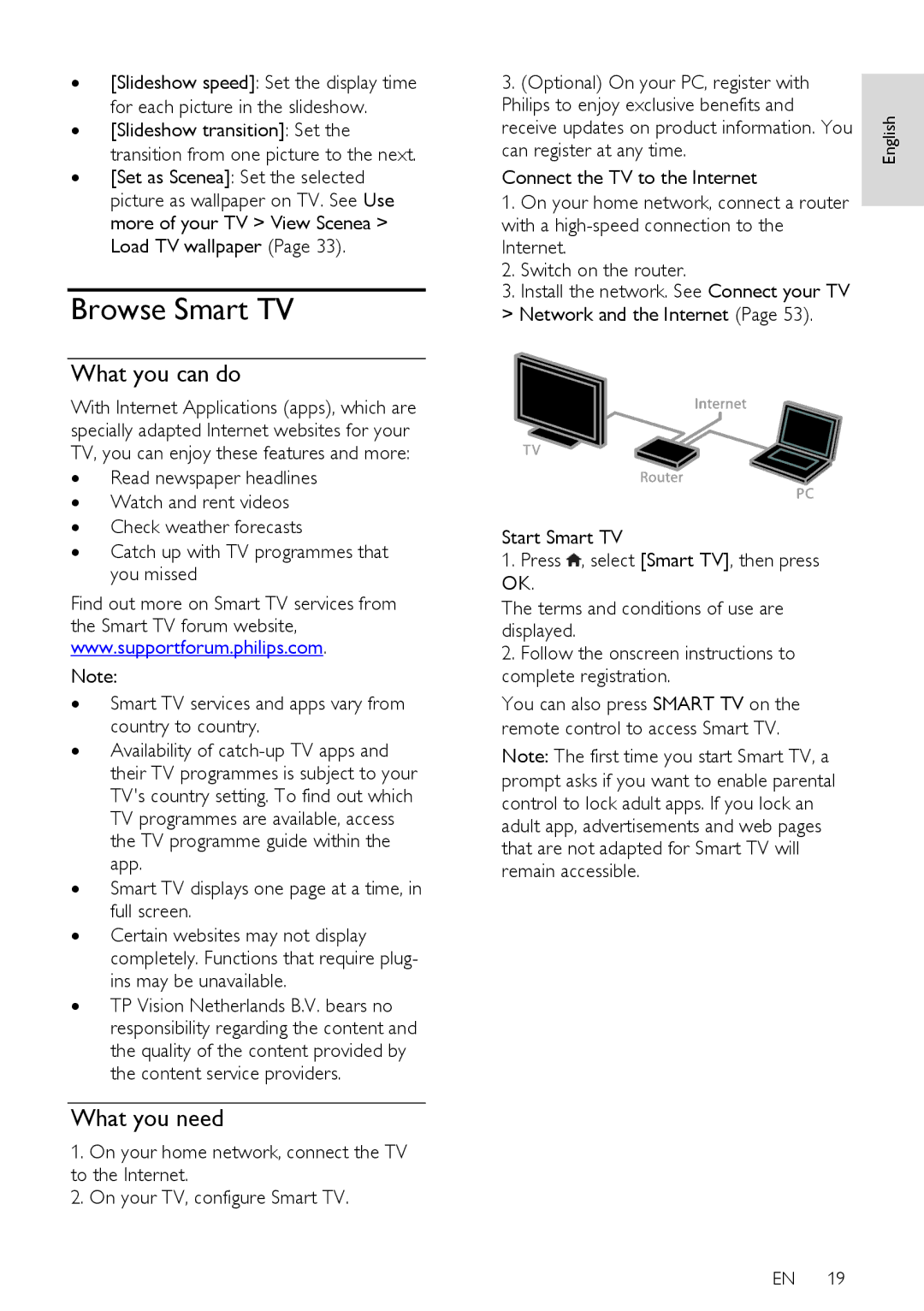 Philips PFL43X7T/12, PFL43X7K/12, PFL43X7H/12 Browse Smart TV, Can register at any time Connect the TV to the Internet 