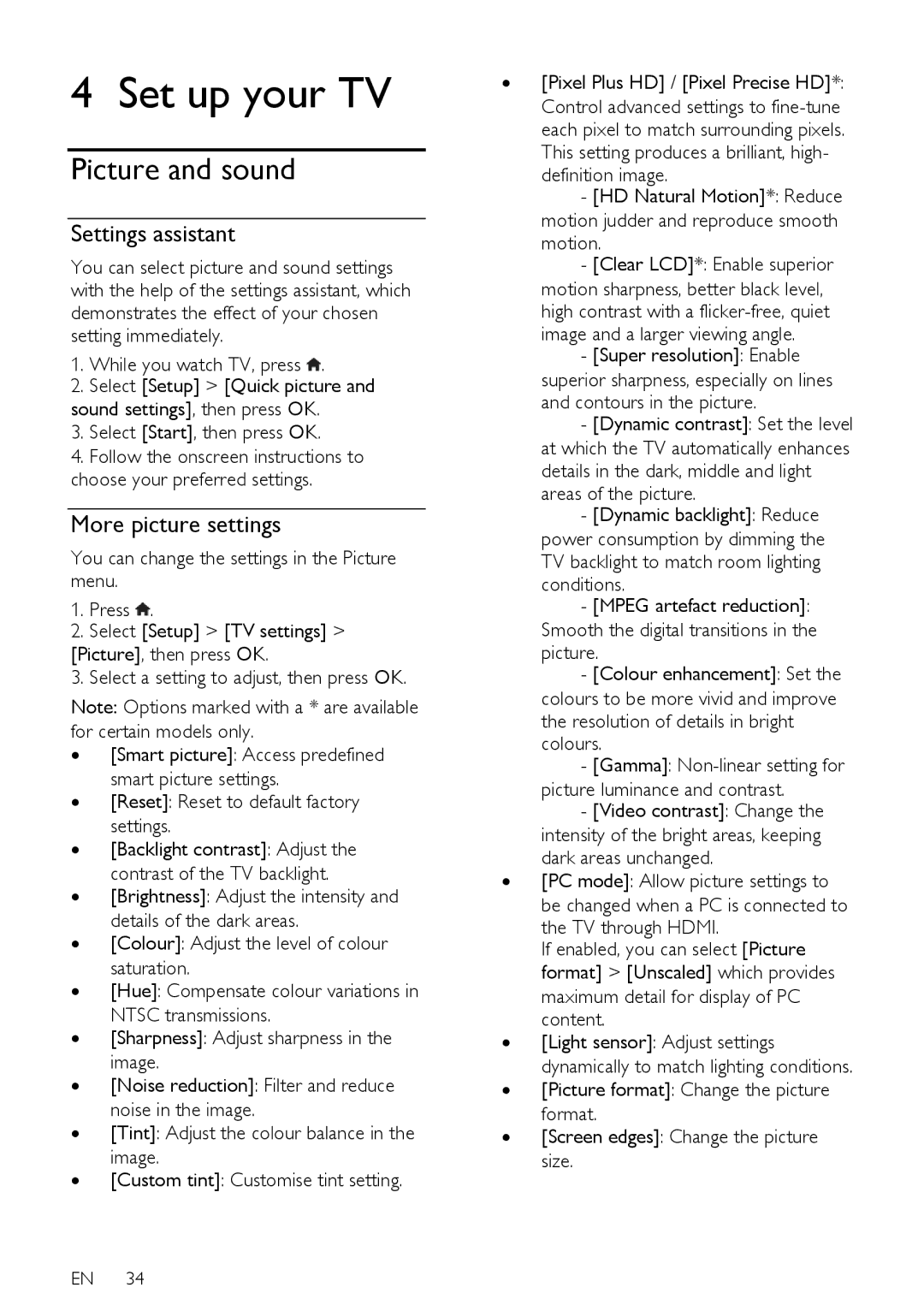 Philips PFL43X7T/12, PFL43X7K/12, PFL43X7H/12 user manual Picture and sound, Settings assistant, More picture settings 