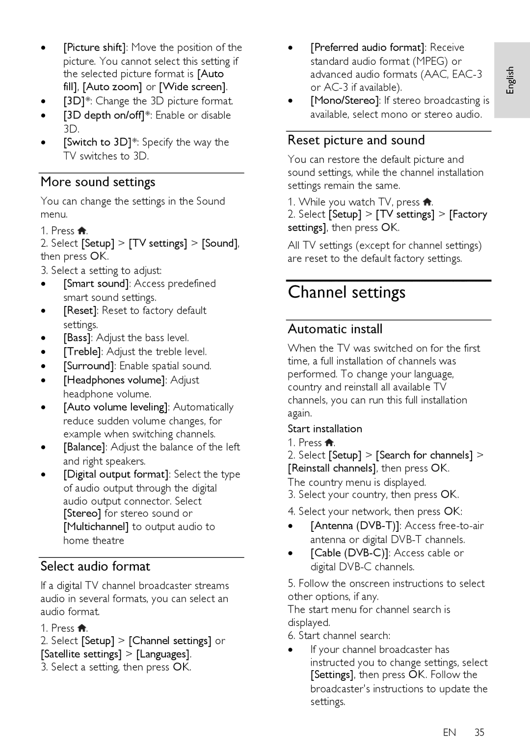 Philips PFL43X7H/12 Channel settings, More sound settings, Select audio format, Reset picture and sound, Automatic install 