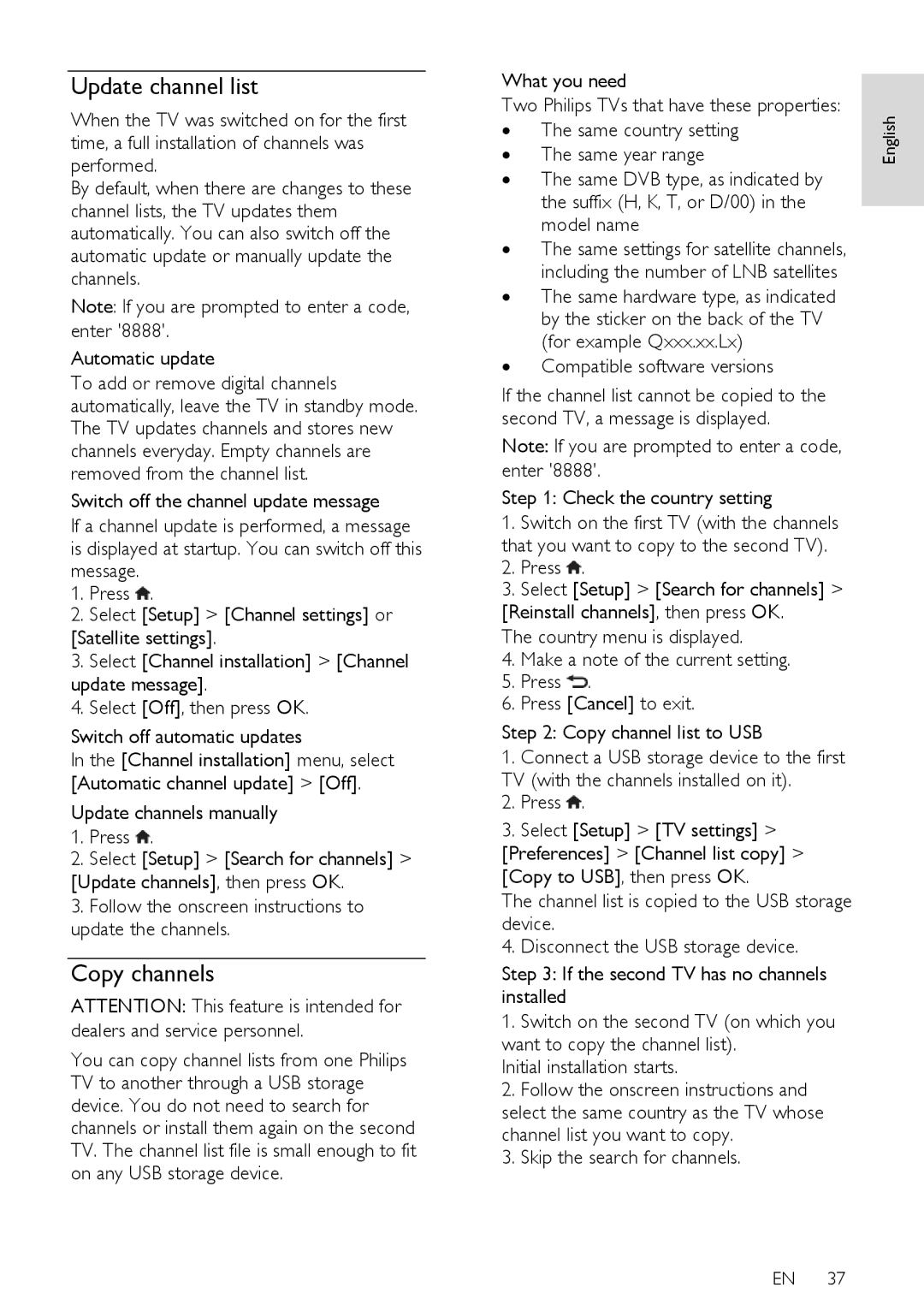 Philips PFL43X7T/12 user manual Update channel list, Copy channels, Check the country setting, Skip the search for channels 