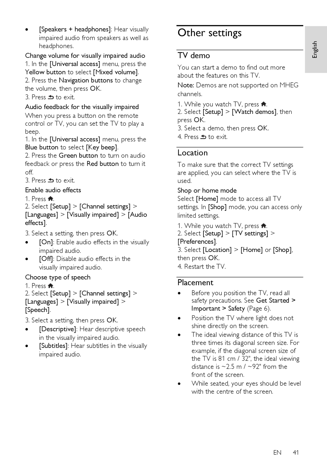 Philips PFL43X7H/12, PFL43X7K/12, PFL43X7T/12 user manual Other settings, TV demo, Location, Placement 