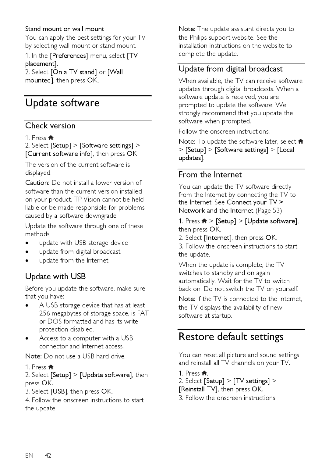 Philips PFL43X7K/12, PFL43X7T/12, PFL43X7H/12 Update software, Restore default settings, Check version, Update with USB 