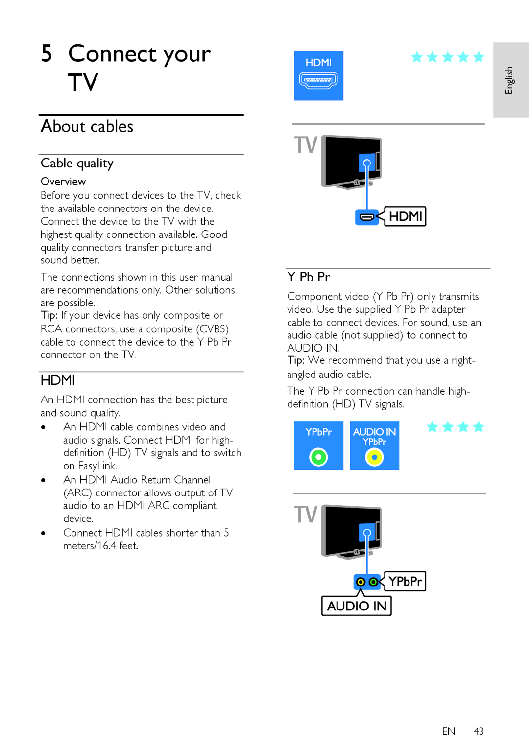 Philips PFL43X7T/12, PFL43X7K/12, PFL43X7H/12 user manual About cables, Cable quality, Pb Pr 