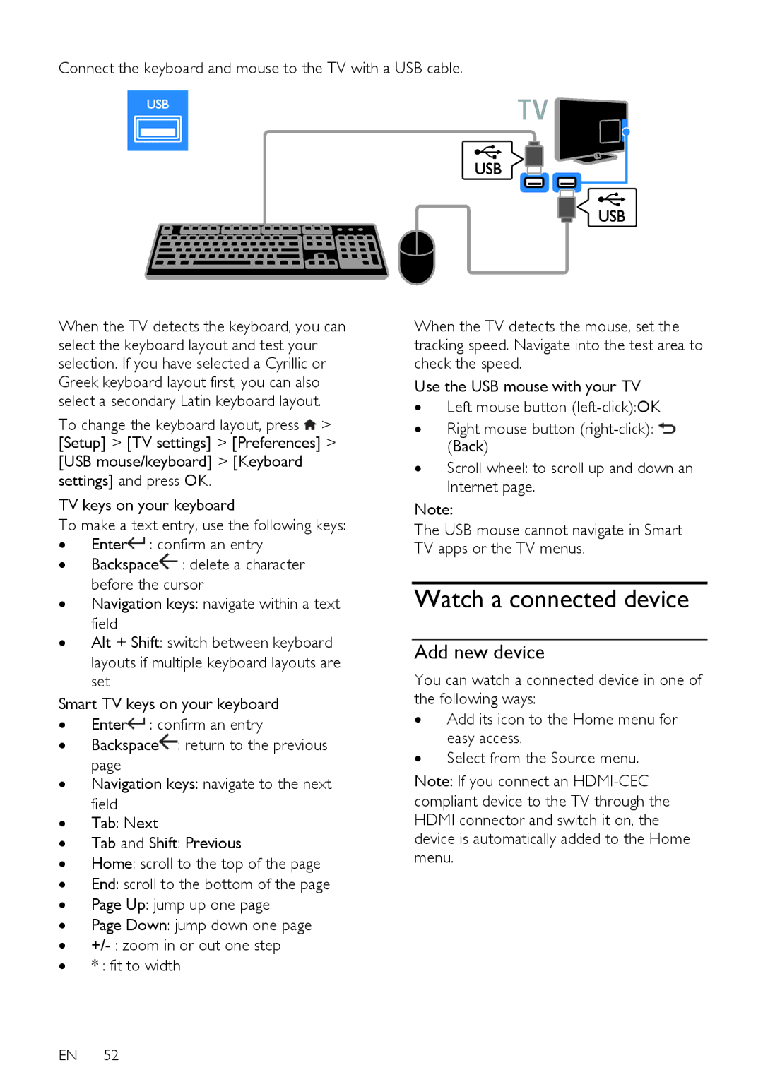 Philips PFL43X7T/12 Watch a connected device, Add new device, Connect the keyboard and mouse to the TV with a USB cable 