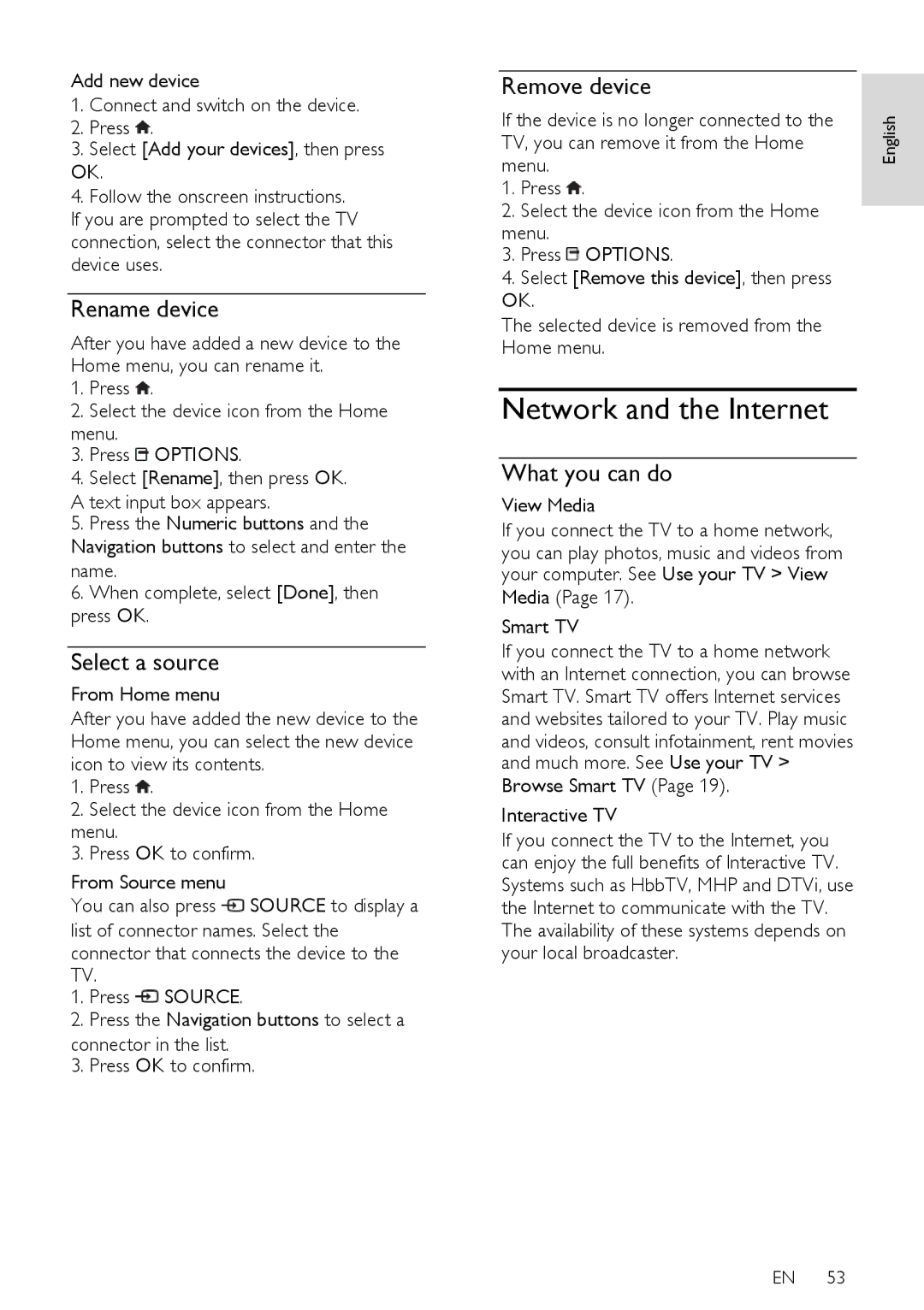 Philips PFL43X7H/12, PFL43X7K/12, PFL43X7T/12 user manual Network and the Internet, Rename device, Remove device 