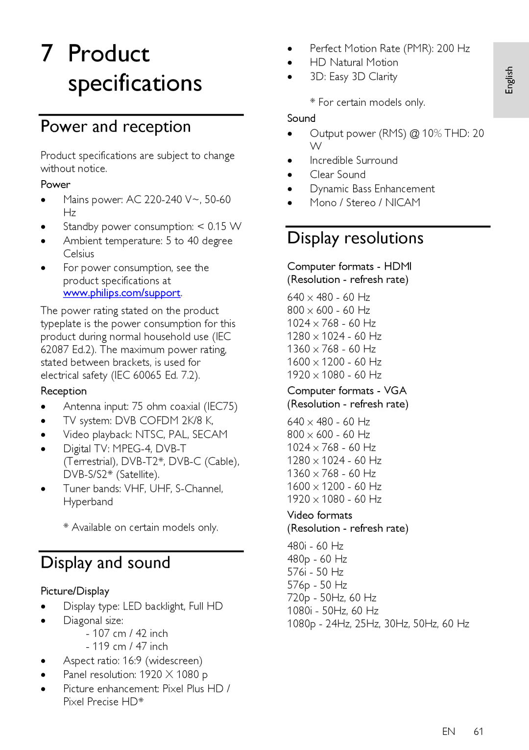 Philips PFL43X7T/12, PFL43X7K/12, PFL43X7H/12 user manual Power and reception, Display and sound, Display resolutions 