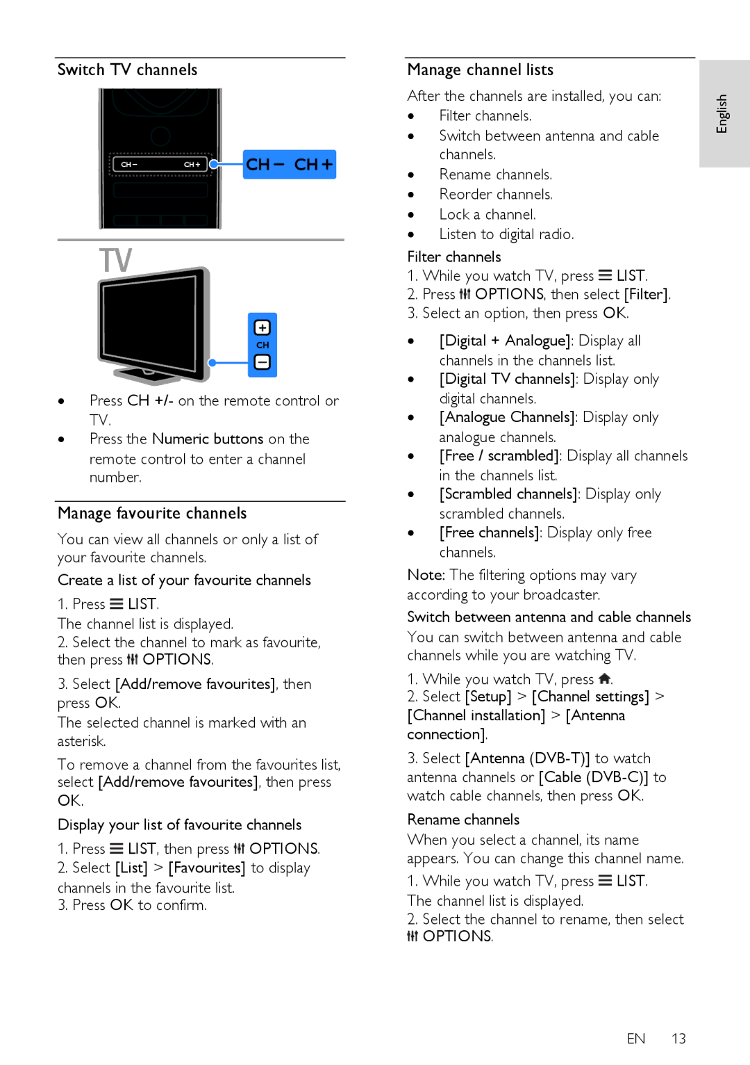 Philips PFL50X8H/12, PFL50X8T/12 Switch TV channels, Manage favourite channels, Manage channel lists, Filter channels 