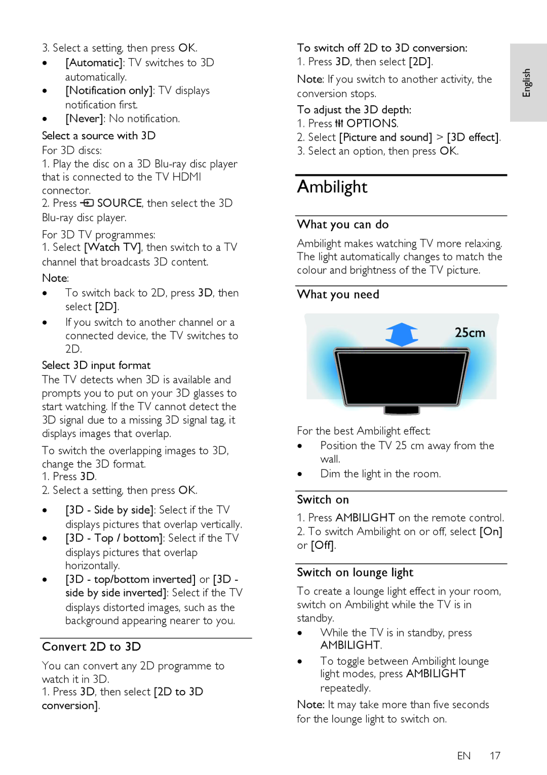 Philips PFL50X8K/12, PFL50X8T/12, PFL50X8T/60, PFL50X8H/12 user manual Ambilight, Convert 2D to 3D, Switch on lounge light 