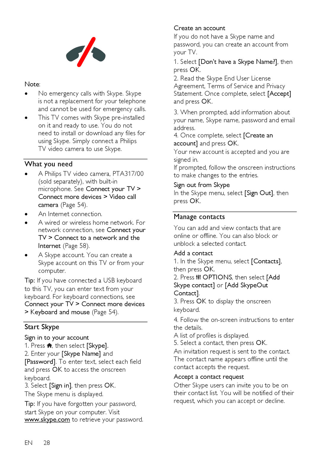 Philips PFL50X8H/12, PFL50X8T/12, PFL50X8T/60, PFL50X8K/12, PFL50X8M/08 user manual Start Skype, Manage contacts 