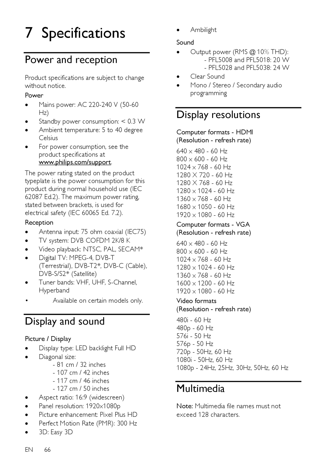 Philips PFL50X8T/60, PFL50X8T/12, PFL50X8K/12 Power and reception, Display and sound, Display resolutions, Multimedia 