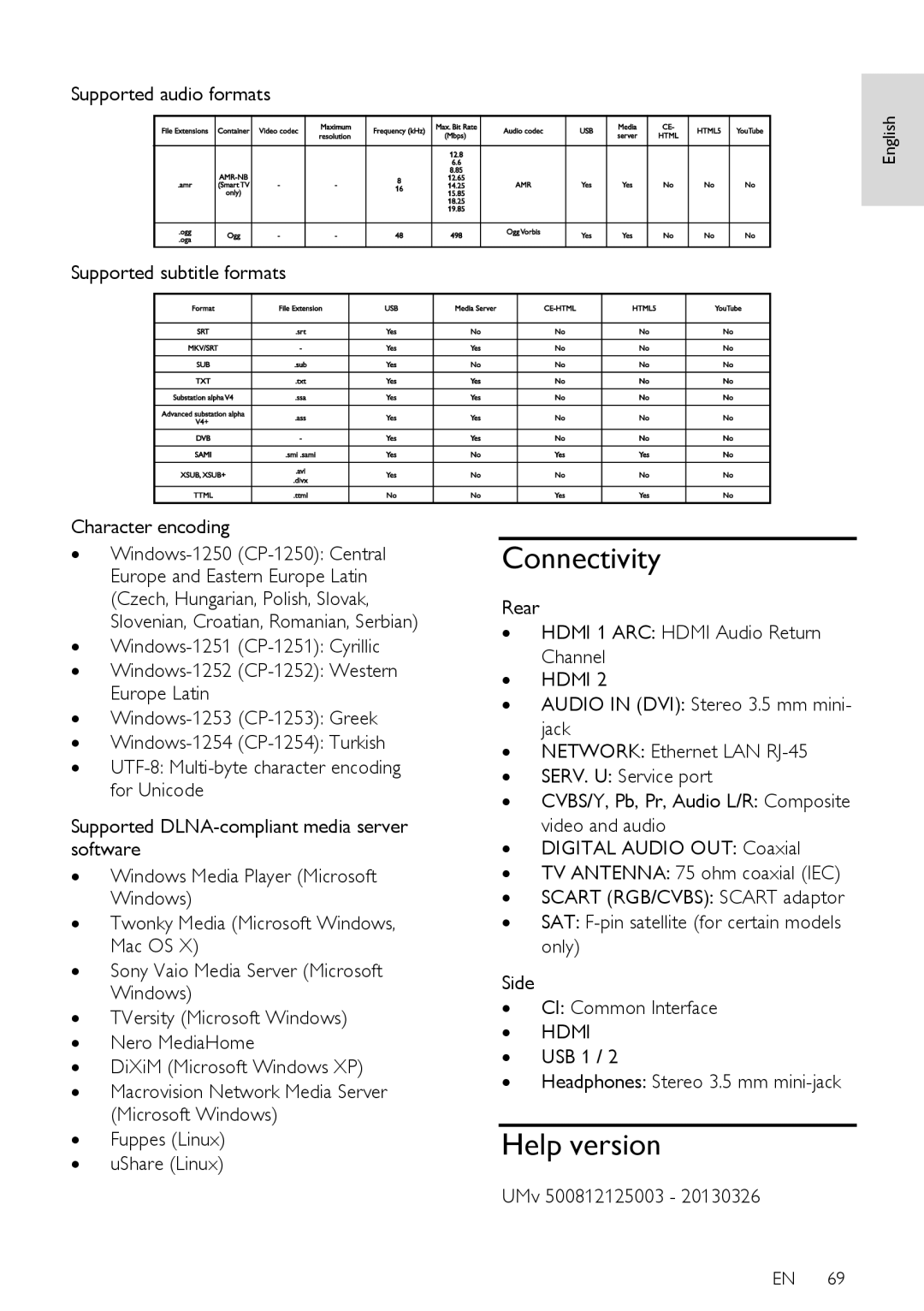 Philips PFL50X8M/08 user manual Connectivity, Help version, ∙ USB 1 ∙ Headphones Stereo 3.5 mm mini-jack, UMv 500812125003 