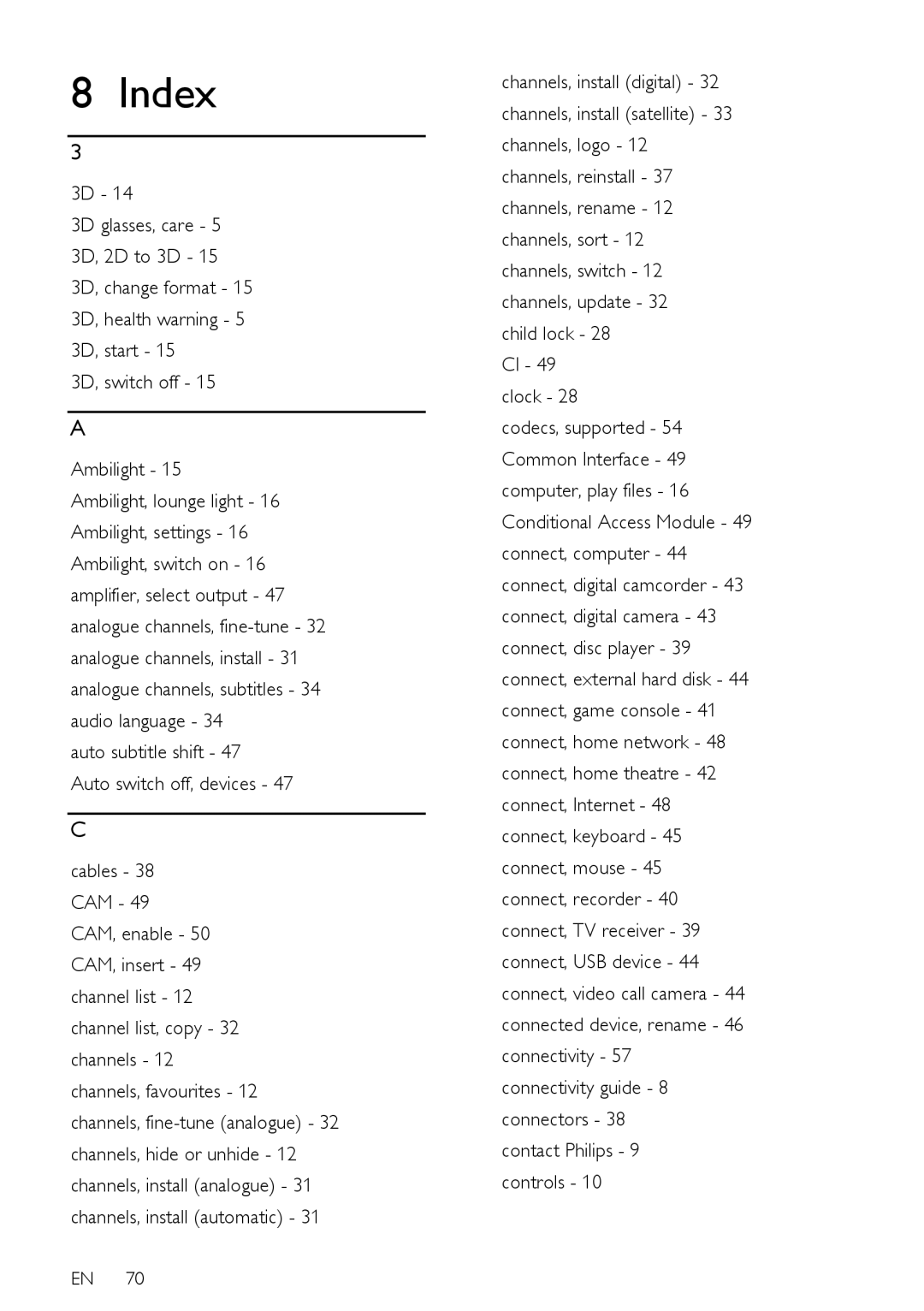 Philips PFL50X8T/12, PFL50X8T/60, PFL50X8K/12, PFL50X8H/12, PFL50X8M/08 user manual Index, 3D, switch off Ambilight 