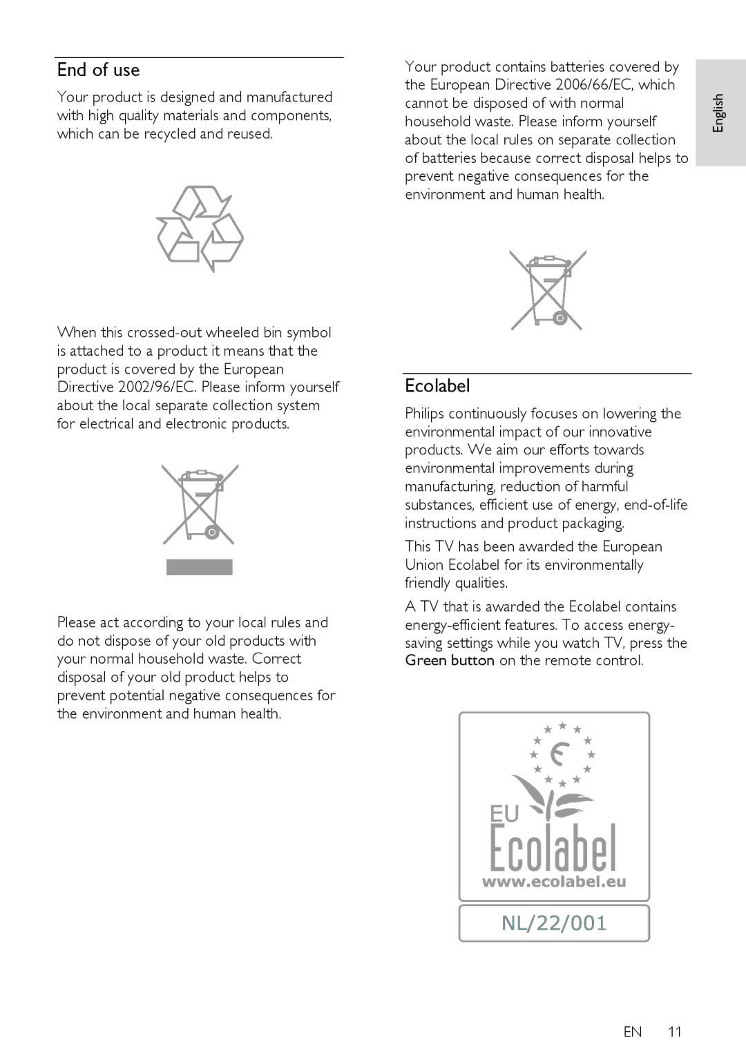 Philips PFL5XX7K/12, PFL5XX7T/60, PFL5XX7T/12, PFL5XX7H/60 user manual End of use, Ecolabel, Cannot be disposed of with normal 