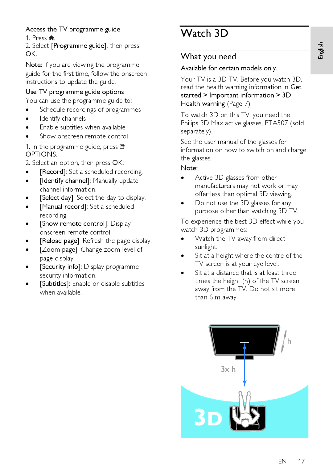 Philips PFL5XX7T/12, PFL5XX7T/60 user manual Watch 3D, What you need, ∙ Subtitles Enable or disable subtitles when available 