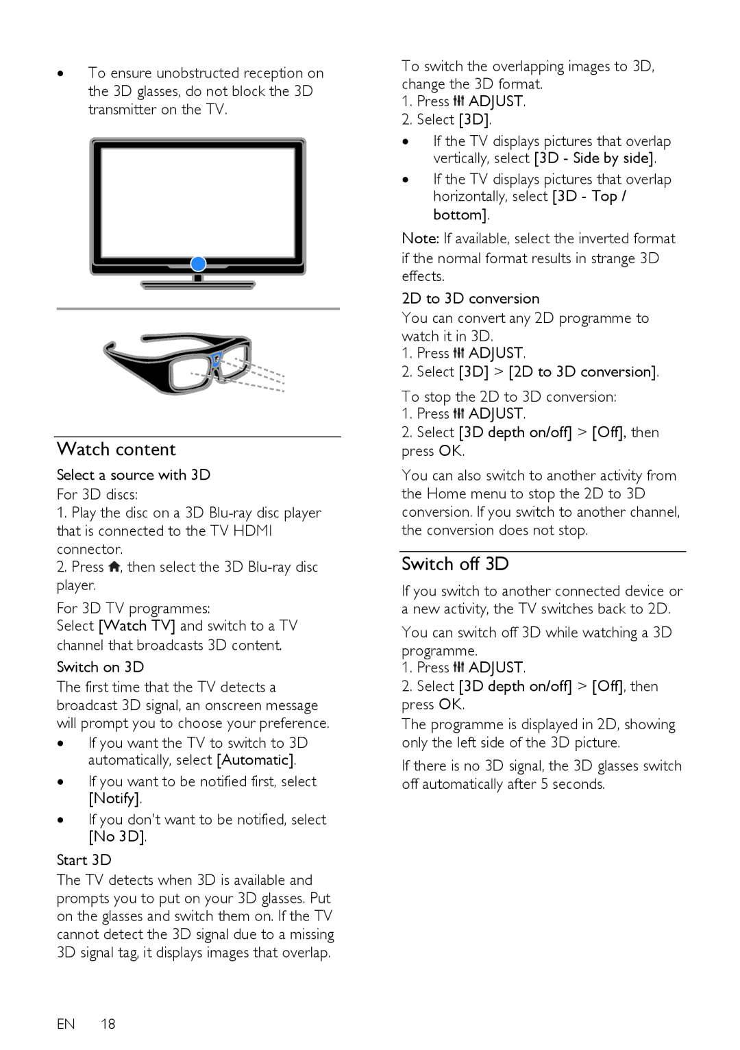 Philips PFL5XX7H/60, PFL5XX7T/60, PFL5XX7K/12, PFL5XX7T/12, PFL5XX7H/12 user manual Watch content, Switch off 3D, Switch on 3D 