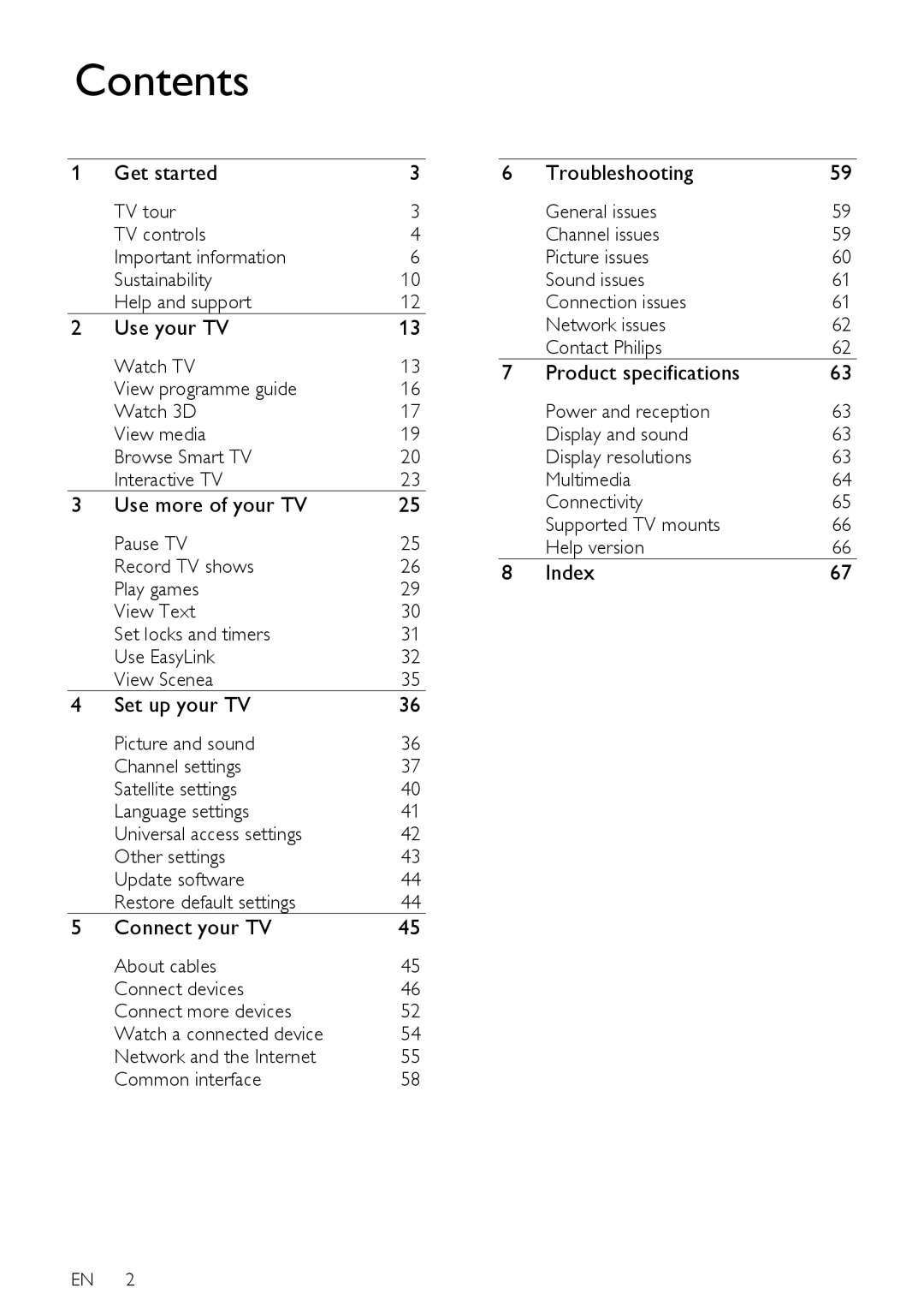 Philips PFL5XX7T/12, PFL5XX7T/60, PFL5XX7K/12, PFL5XX7H/60, PFL5XX7H/12 user manual Contents 