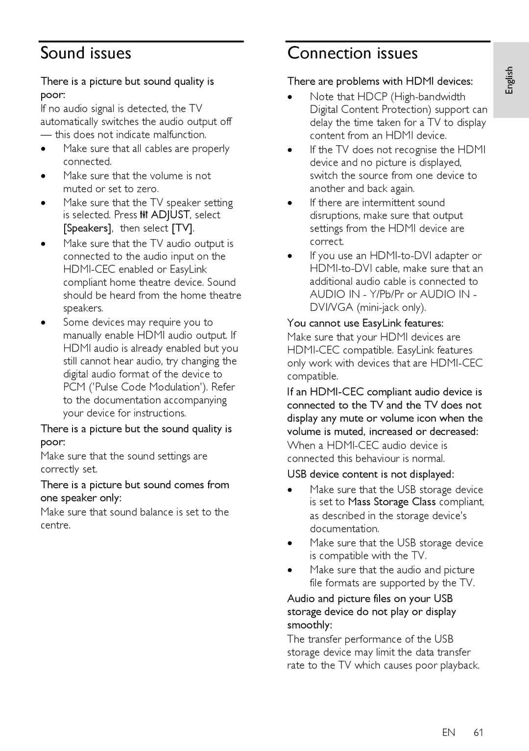 Philips PFL5XX7K/12, PFL5XX7T/60, PFL5XX7T/12, PFL5XX7H/60, PFL5XX7H/12 user manual Sound issues, Connection issues 