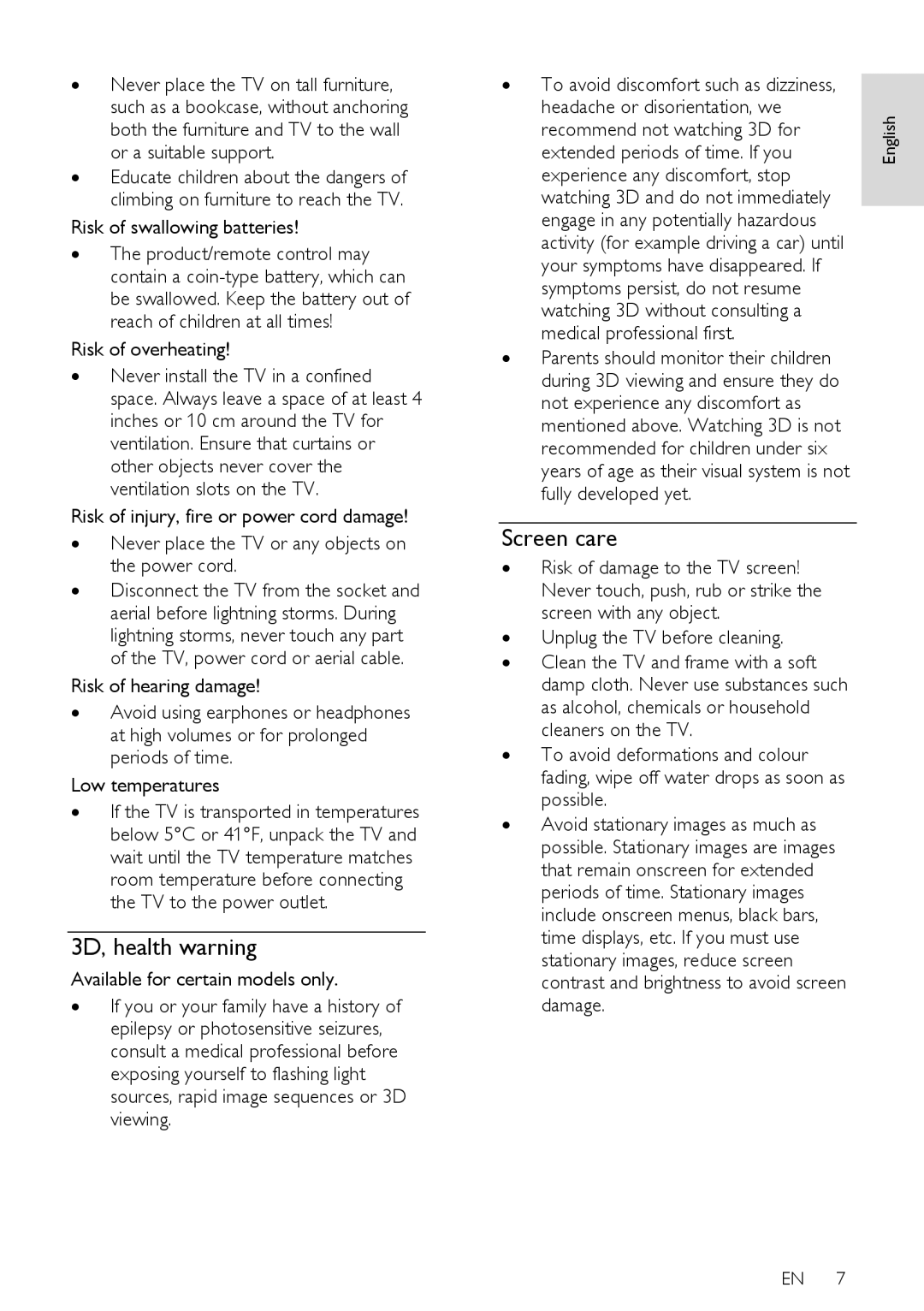 Philips PFL5XX7T/12, PFL5XX7T/60, PFL5XX7K/12, PFL5XX7H/60, PFL5XX7H/12 user manual 3D, health warning, Screen care 