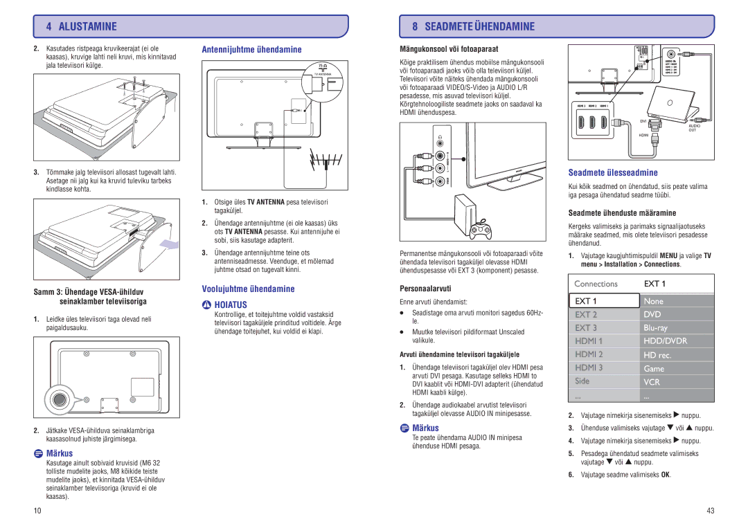 Philips PFL7633D manual Antennijuhtmeühendamine, Voolujuhtmeühendamine, Mängukonsoolvõifotoaparaat, Personaalarvuti 