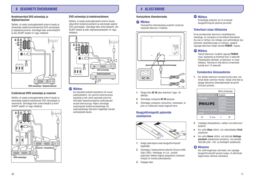 Philips PFL7633D manual Televiisorisisselülitamine, Esmakordneülesseadmine, Nõuanne, DVDsalvestajajakodukinosüsteem 