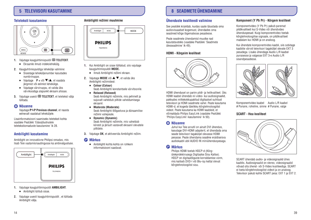 Philips PFL7633D manual Televiisori Kasutamine Seadmete Ühendamine, Teletekstikasutamine, Ühendustekvaliteedivalimine 