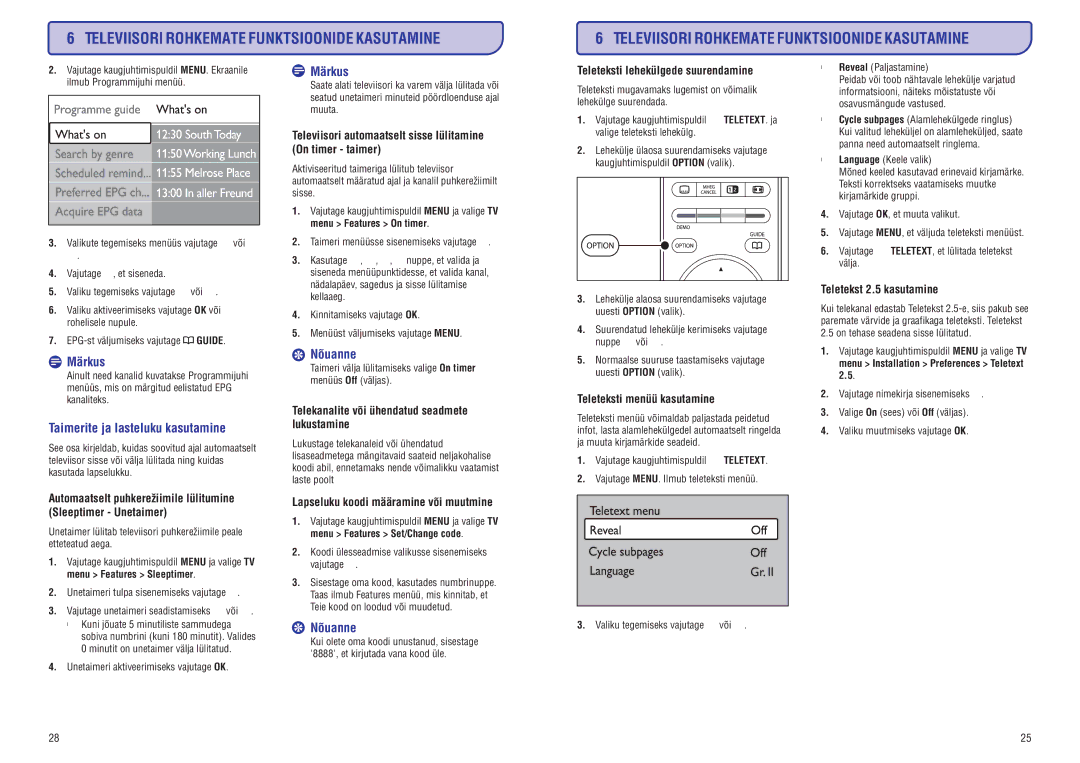 Philips PFL7633D Taimeritejalastelukukasutamine, Teletekstilehekülgedesuurendamine, Lapselukukoodimääraminevõimuutmine 