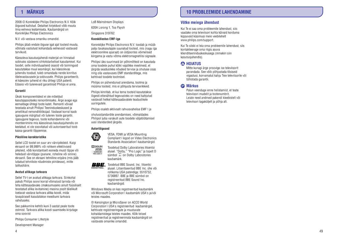 Philips PFL7633D manual Märkus, 10PROBLEEMIDE Lahendamine, Võtkemeiegaühendust 